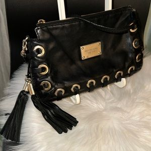 Michael Kors Black Leather Astor Grommet Tassel Clutch Convertible Shoulder Bag